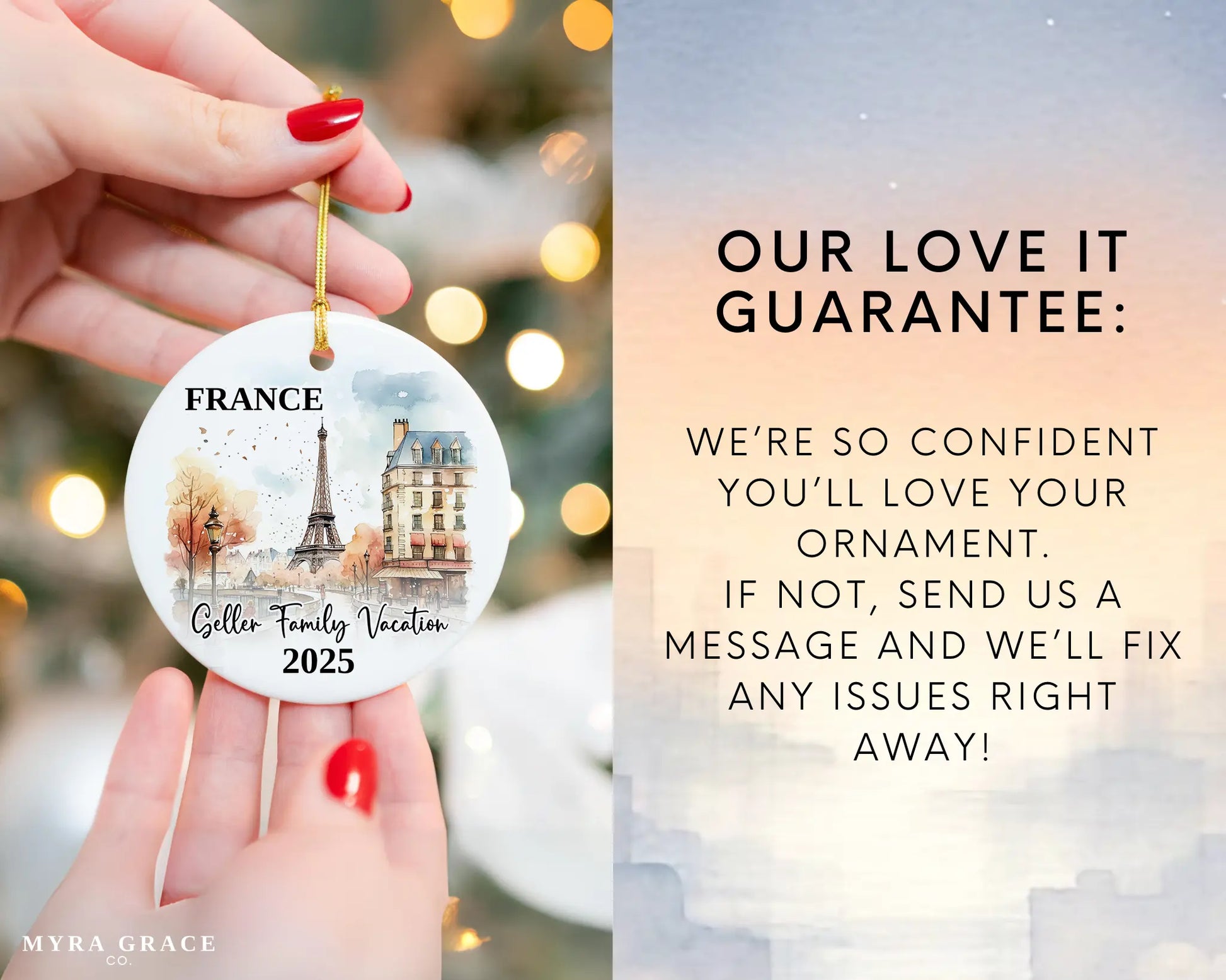 Custom vacation Paris France ceramic photo ornament with personalized message – handmade Christmas bauble, gift souvenir, or vacation keepsake. Love it guarantee