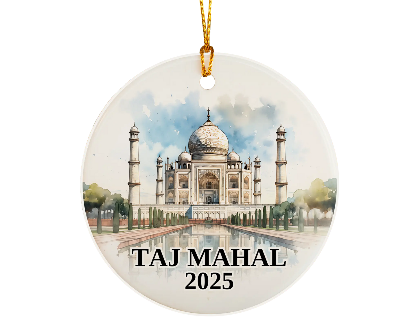 Custom Taj Mahal ceramic photo ornament with personalized message – handmade Christmas bauble, gift souvenir, or vacation keepsake. 