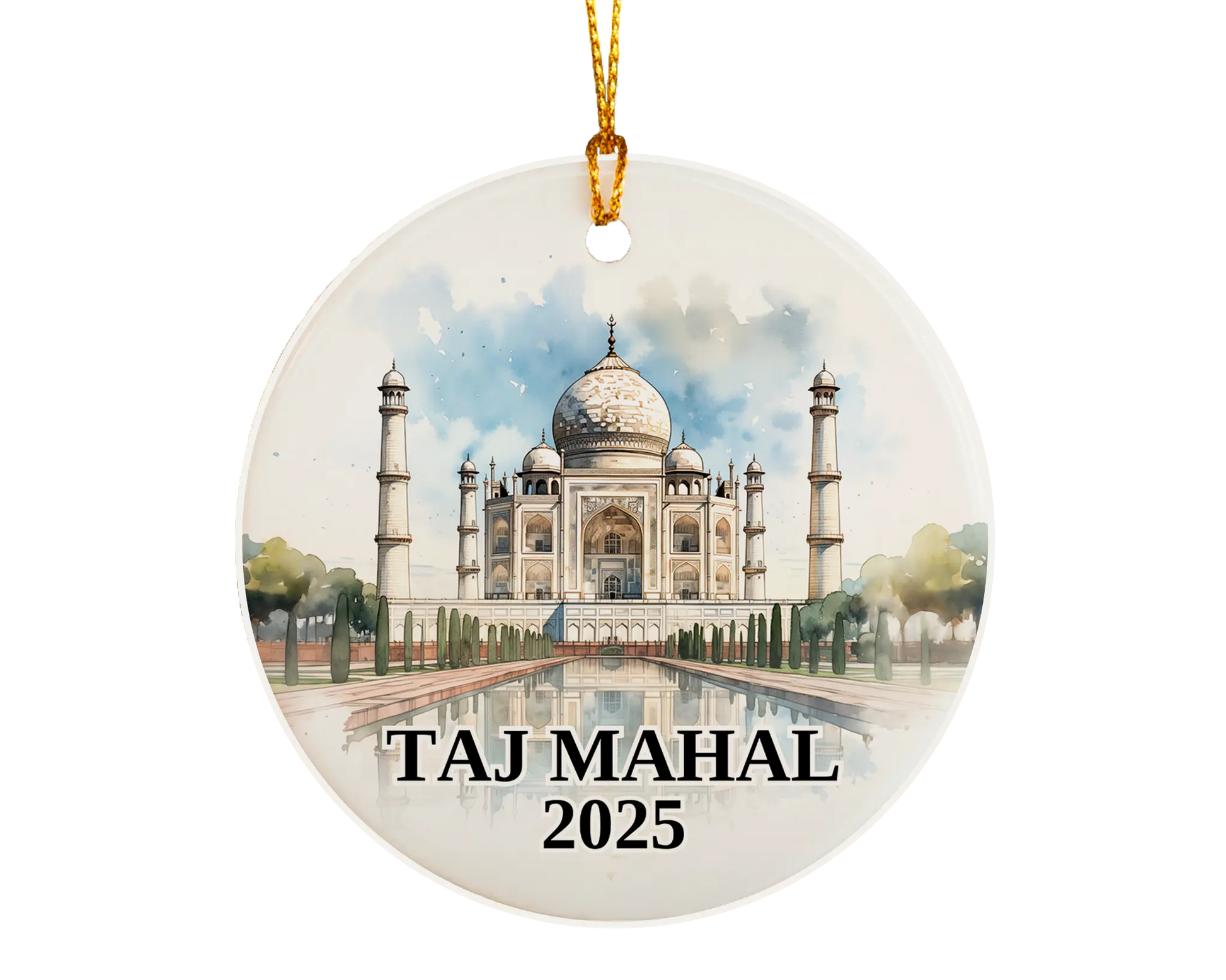 Custom Taj Mahal ceramic photo ornament with personalized message – handmade Christmas bauble, gift souvenir, or vacation keepsake. 