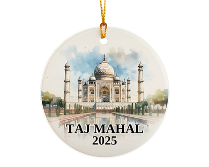 Custom Taj Mahal ceramic photo ornament with personalized message – handmade Christmas bauble, gift souvenir, or vacation keepsake. 