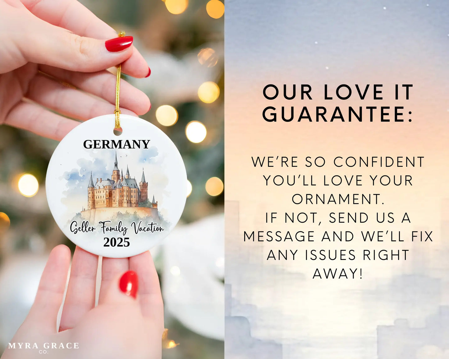 Custom vacation Germany ceramic photo ornament with personalized message – handmade Christmas bauble, gift souvenir, or vacation keepsake. Love it guarantee