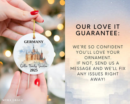 Custom vacation Germany ceramic photo ornament with personalized message – handmade Christmas bauble, gift souvenir, or vacation keepsake. Love it guarantee