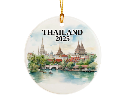 Custom Thailand ceramic photo ornament with personalized message – handmade Christmas bauble, gift souvenir, or vacation keepsake. 