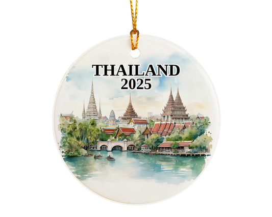 Custom Thailand ceramic photo ornament with personalized message – handmade Christmas bauble, gift souvenir, or vacation keepsake. 