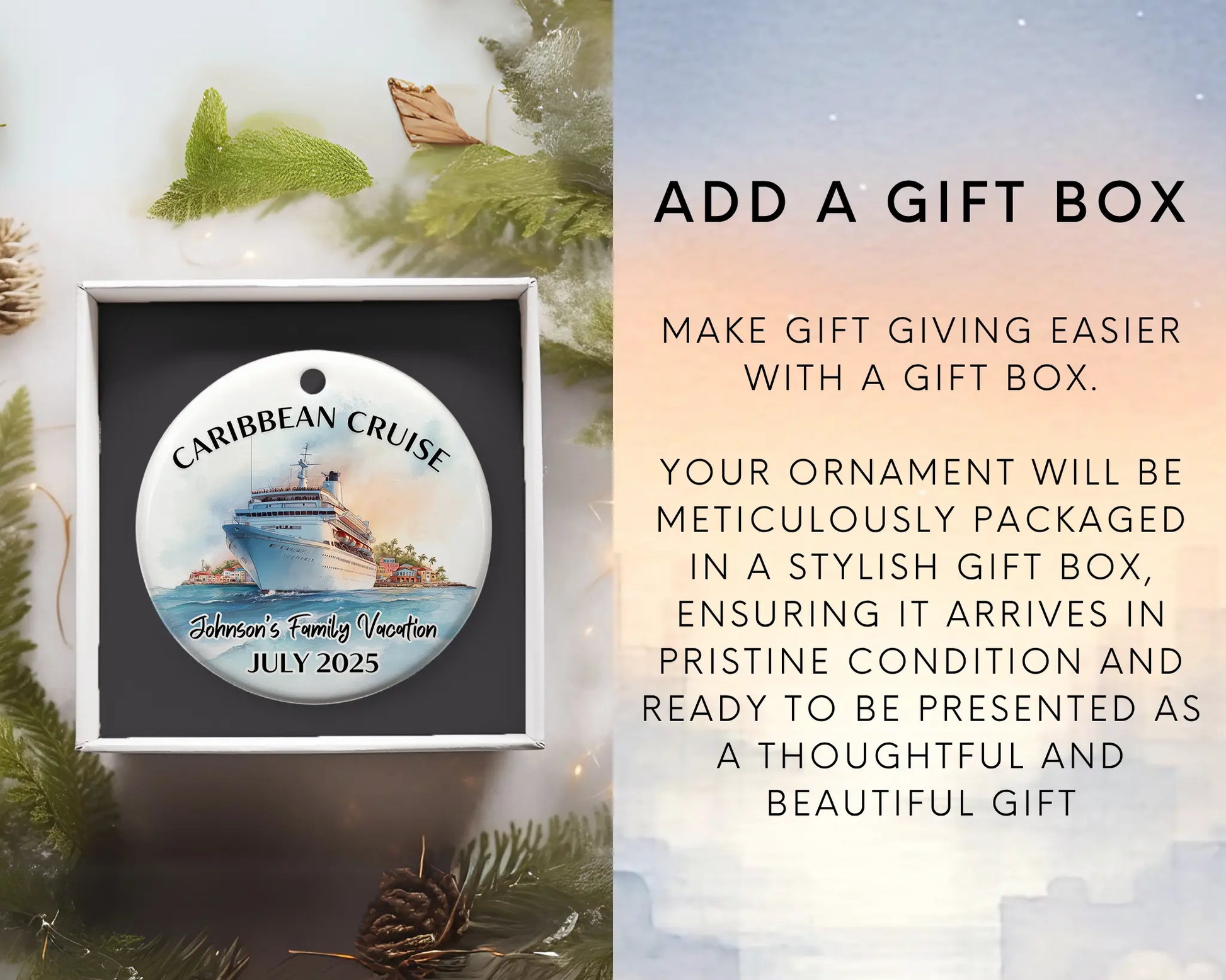 Handmade ceramic Caribbean cruise ornament with personalized location and photo – custom Christmas bauble or cruise vacation souvenir. Add gift box