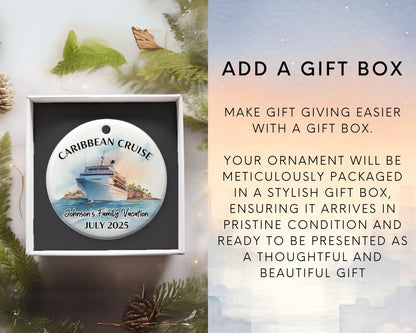 Handmade ceramic Caribbean cruise ornament with personalized location and photo – custom Christmas bauble or cruise vacation souvenir. Add gift box