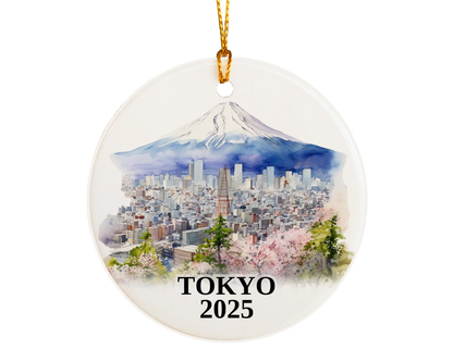 Custom Tokyo Japan ceramic photo ornament with personalized message – handmade Christmas bauble, gift souvenir, or vacation keepsake. 