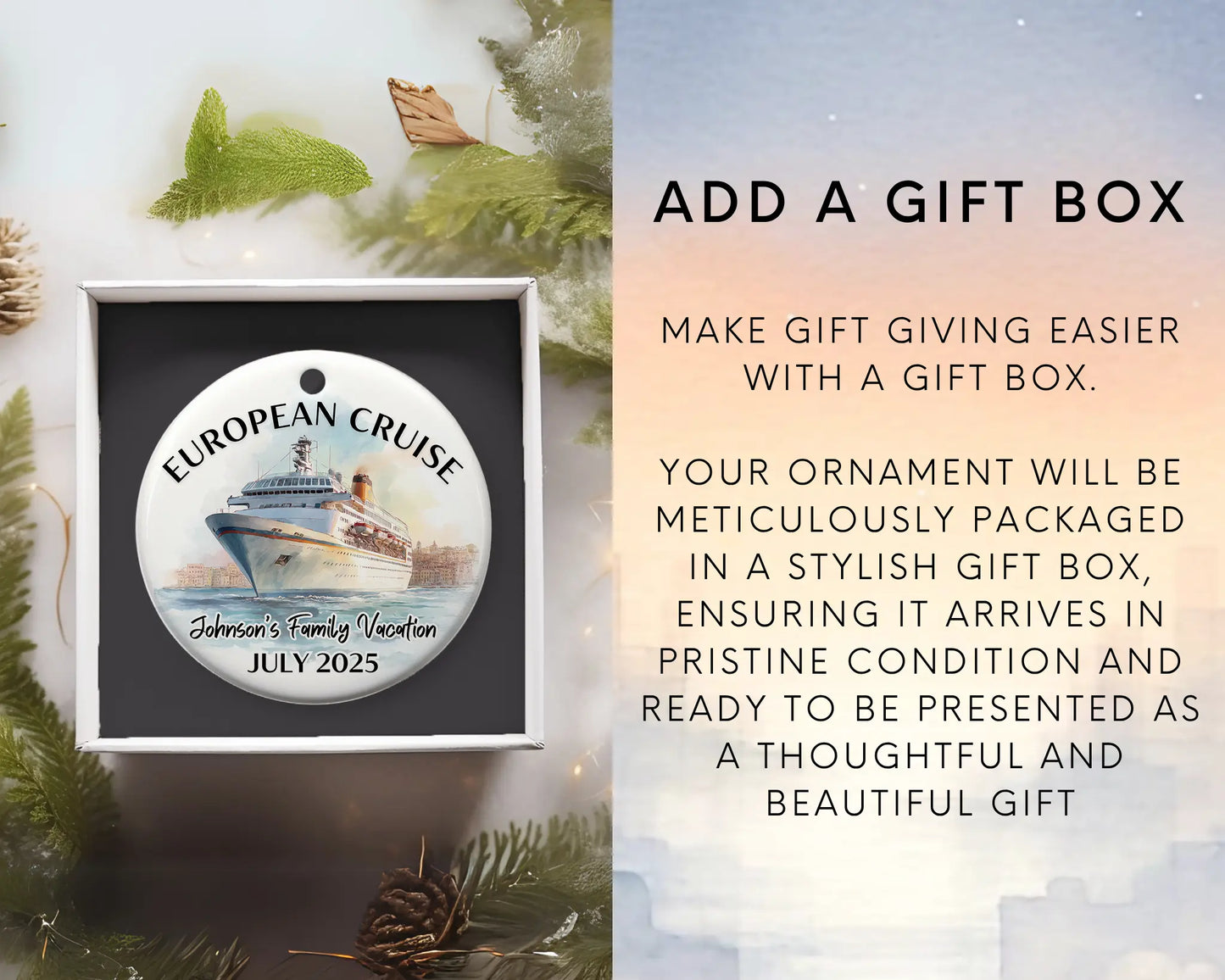 Handmade ceramic Europe cruise ornament with personalized location and photo – custom Christmas bauble or cruise vacation souvenir. Add gift box