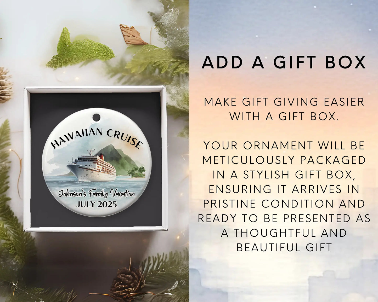 Handmade ceramic Hawaii cruise ornament with personalized location and photo – custom Christmas bauble or cruise vacation souvenir. Add gift box
