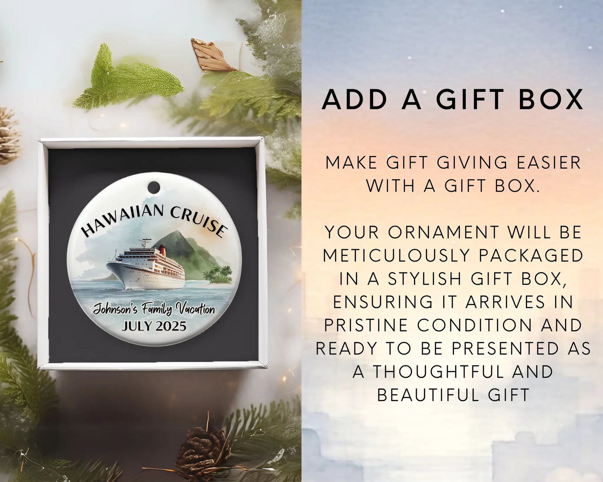 Handmade ceramic Hawaii cruise ornament with personalized location and photo – custom Christmas bauble or cruise vacation souvenir. Add gift box