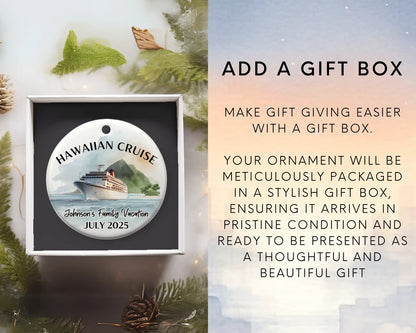 Handmade ceramic Hawaii cruise ornament with personalized location and photo – custom Christmas bauble or cruise vacation souvenir. Add gift box