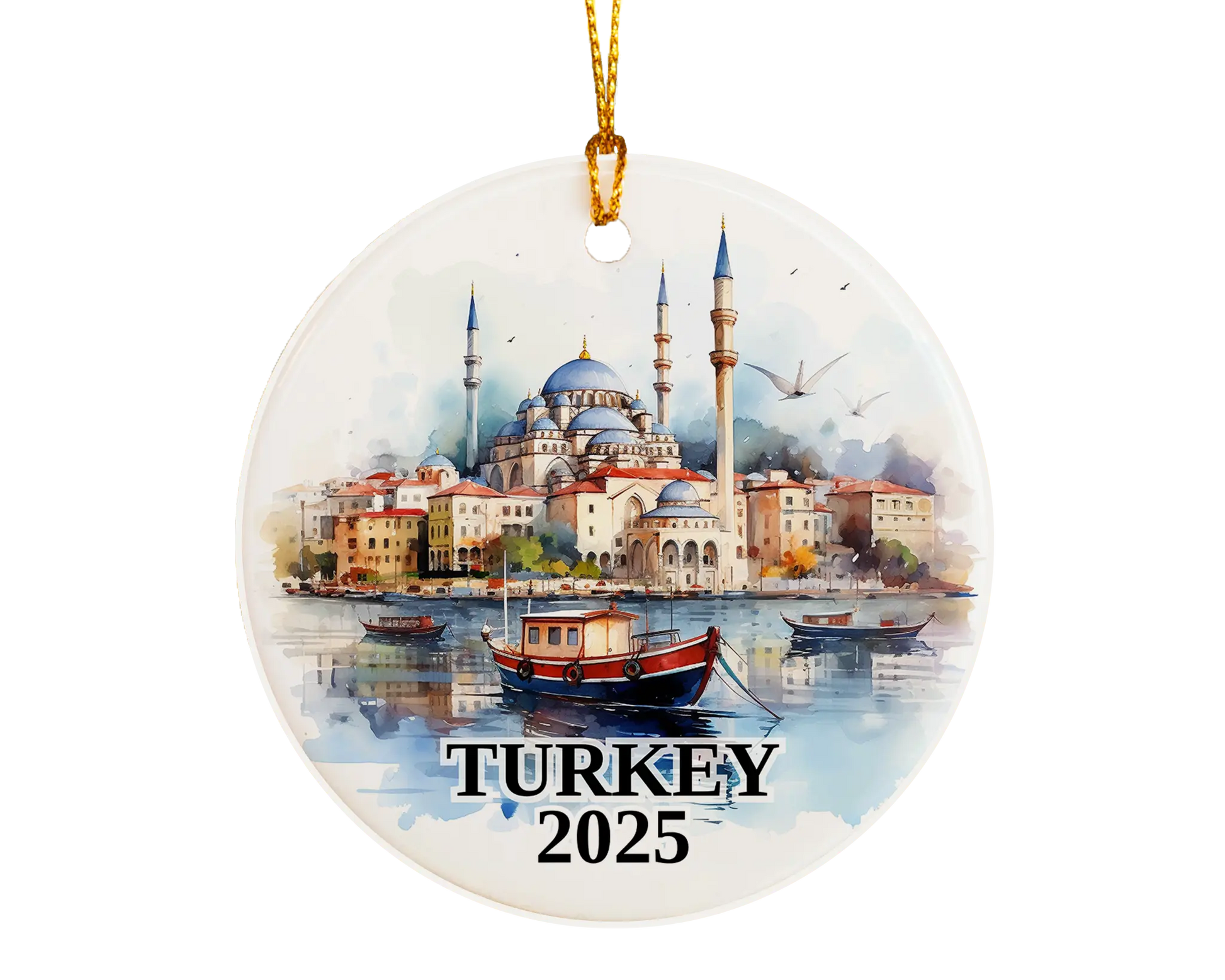 Custom Turkey ceramic photo ornament with personalized message – handmade Christmas bauble, gift souvenir, or vacation keepsake. 