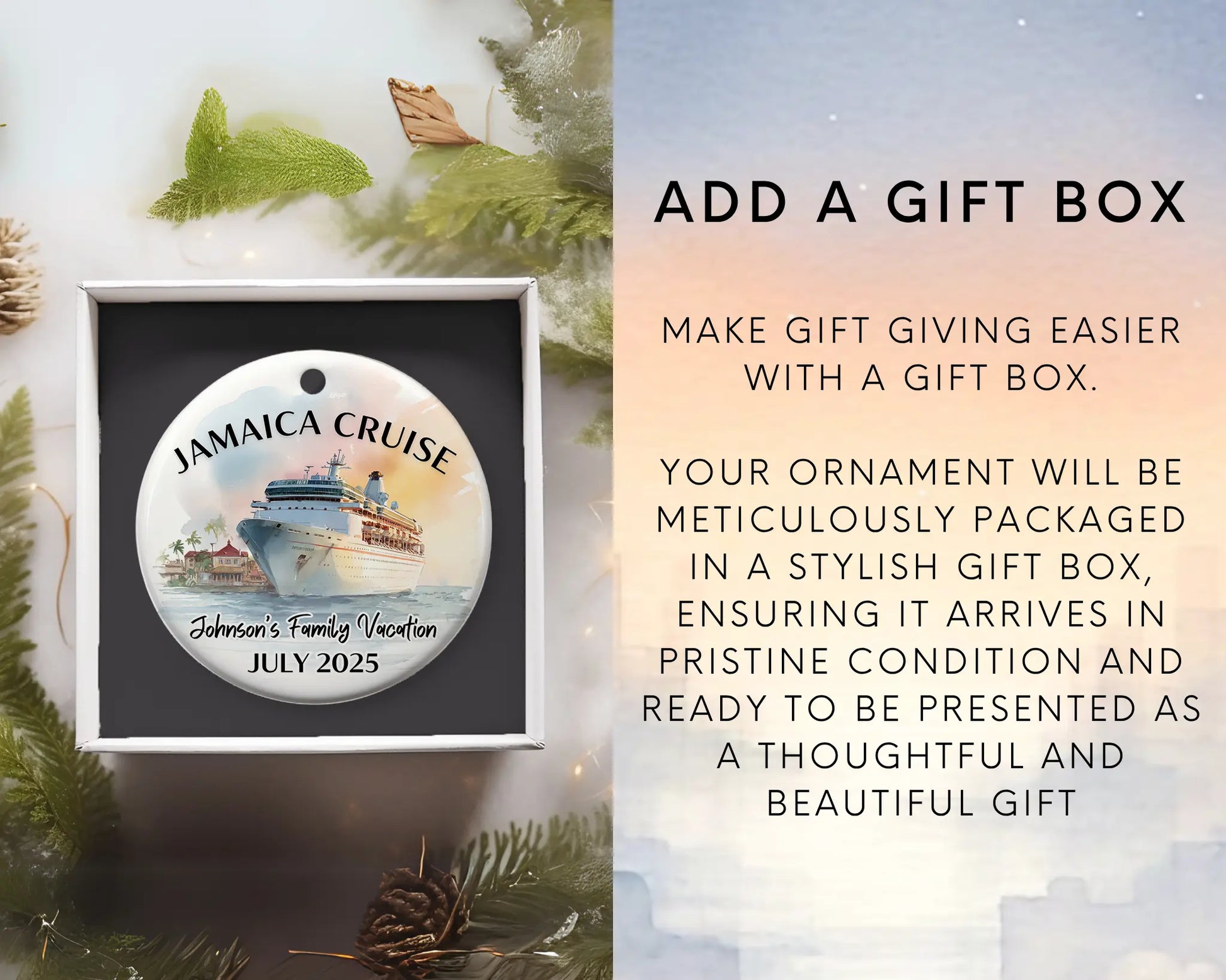 Handmade ceramic Jamaica cruise ornament with personalized location and photo – custom Christmas bauble or cruise vacation souvenir. Add gift box