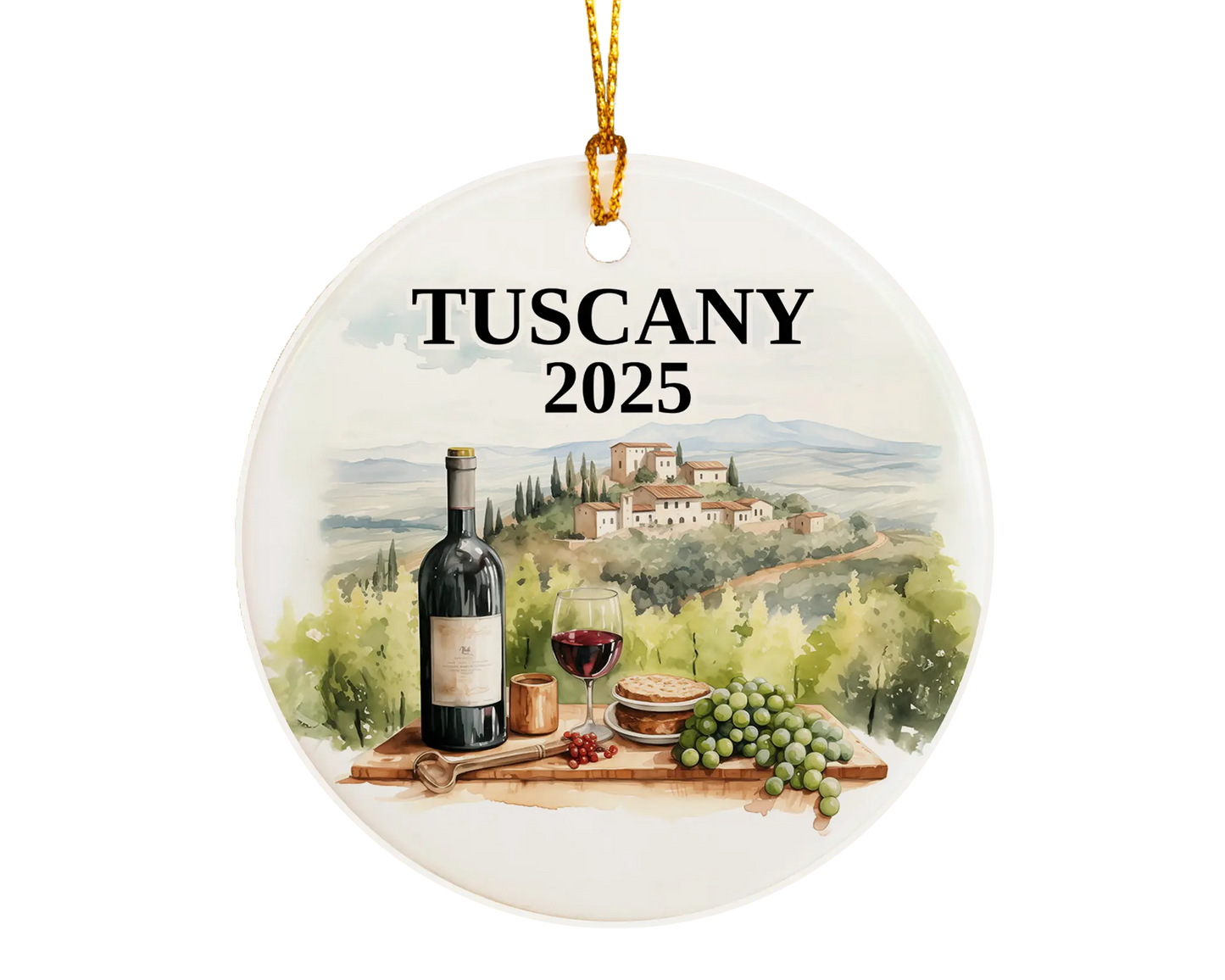 Custom Tuscany Italy Vineyard ceramic photo ornament with personalized message – handmade Christmas bauble, gift souvenir, or vacation keepsake. 
