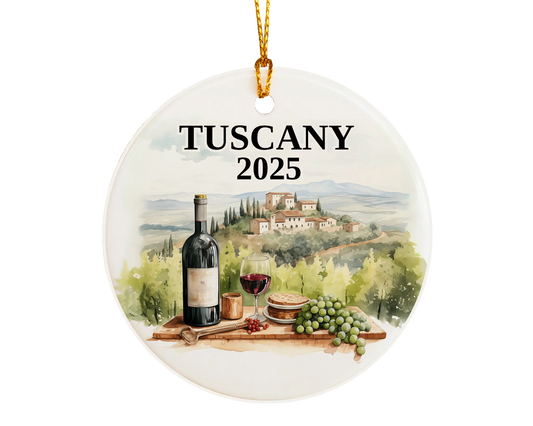 Custom Tuscany Italy Vineyard ceramic photo ornament with personalized message – handmade Christmas bauble, gift souvenir, or vacation keepsake. 