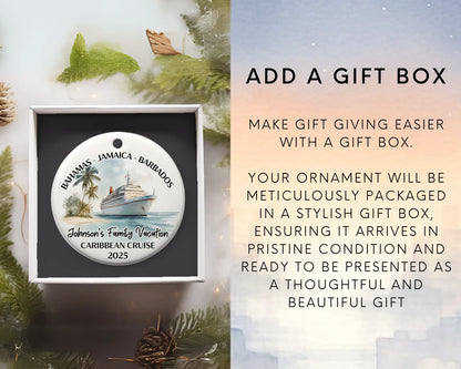 Handmade ceramic Caribbean cruise ornament with personalized location and photo – custom Christmas bauble or cruise vacation souvenir. Add gift box