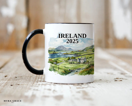 Custom ceramic Ireland vacation mug with watercolor location design, date, and personal photo – personalized travel gift or photo mug. 