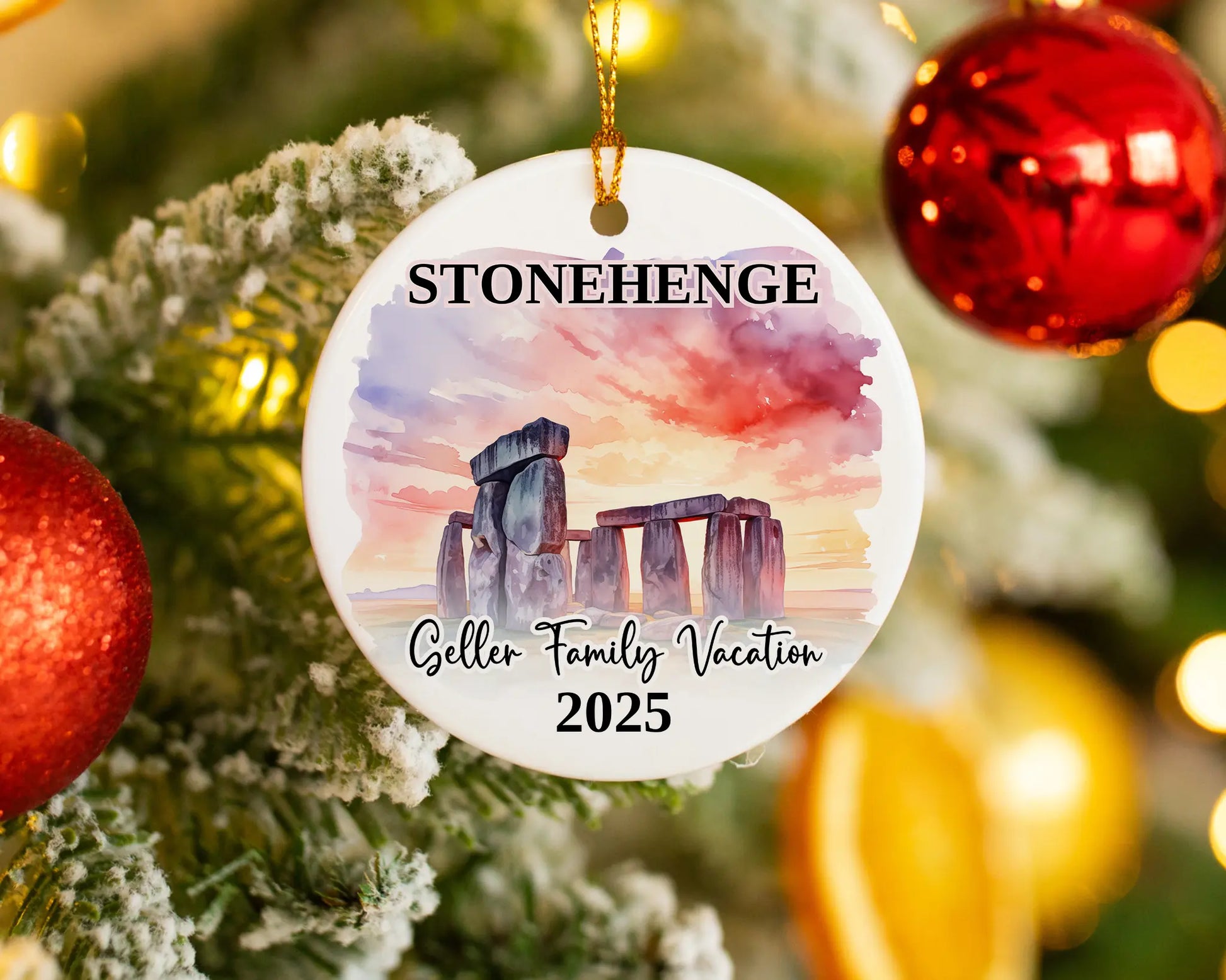 Custom vacation Stonehenge ceramic photo ornament with personalized message – handmade Christmas bauble, gift souvenir, or vacation keepsake. 