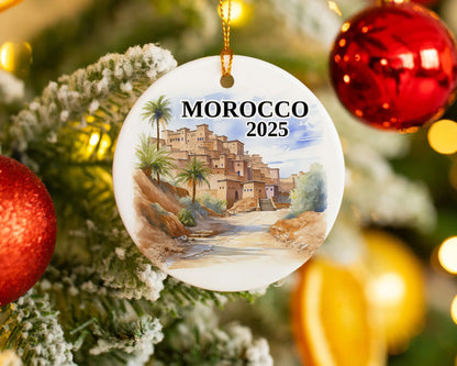 Custom Morocco ceramic photo ornament with personalized message – handmade Christmas bauble, gift souvenir, or vacation keepsake.  