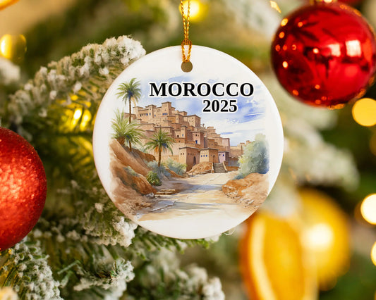 Custom Morocco ceramic photo ornament with personalized message – handmade Christmas bauble, gift souvenir, or vacation keepsake.  