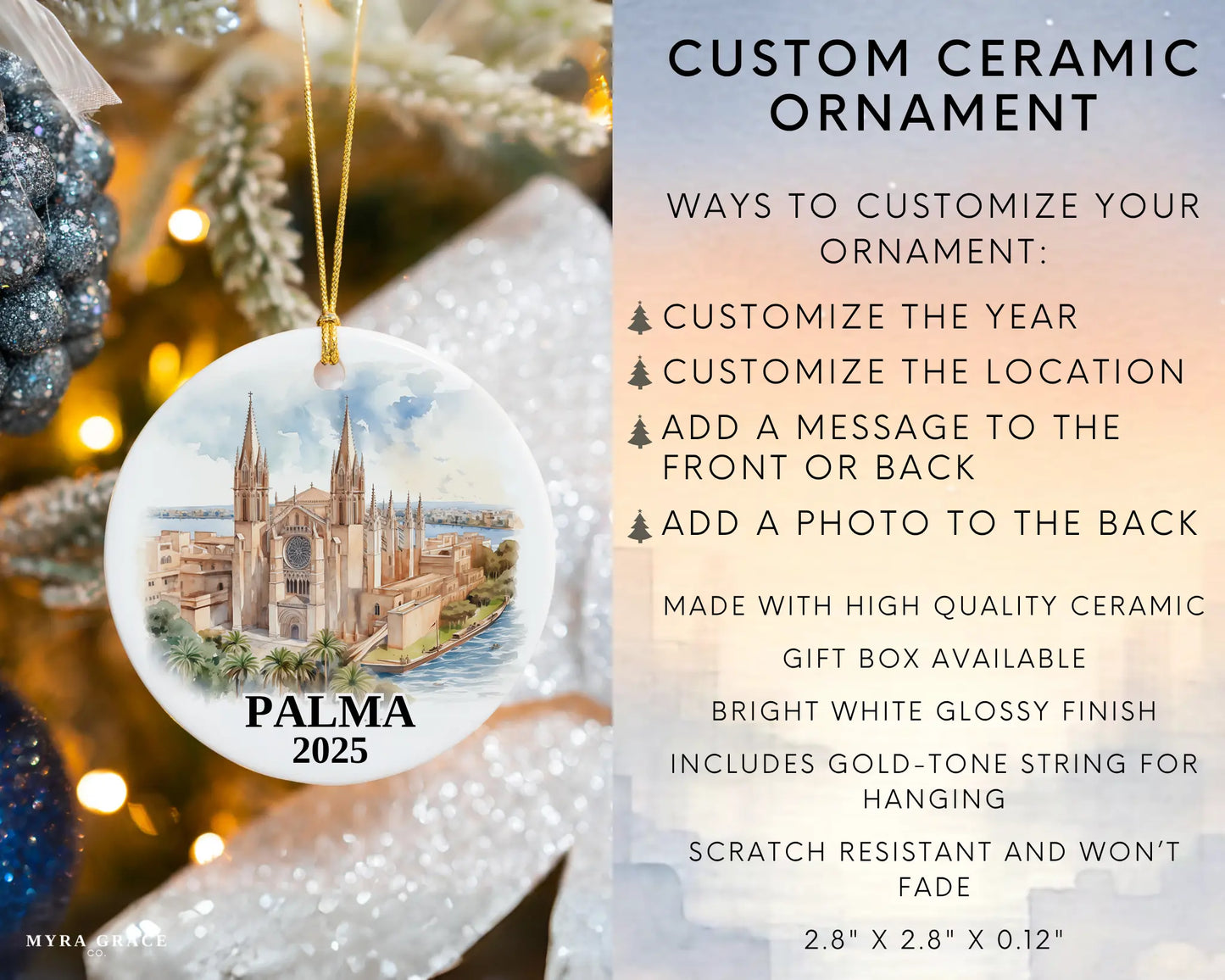 Palma Spain Ornament Custom Gift Souvenir Bauble. Custom Palma Spain ceramic photo ornament with personalized message – handmade Christmas bauble, gift souvenir, or vacation keepsake.  Infographic