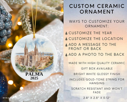 Palma Spain Ornament Custom Gift Souvenir Bauble. Custom Palma Spain ceramic photo ornament with personalized message – handmade Christmas bauble, gift souvenir, or vacation keepsake.  Infographic