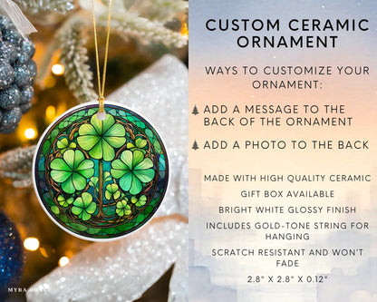 Ceramic ornament with shamrocks and clovers – non-customizable lucky charm gift or seasonal keepsake. Infographic