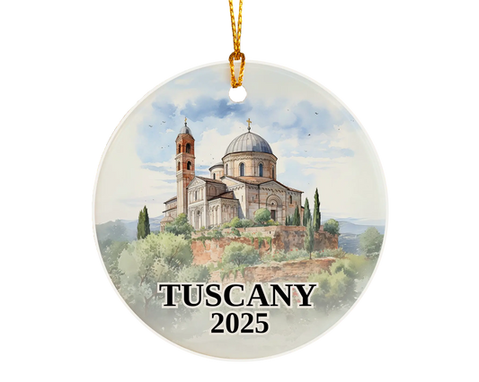 Custom Tuscany Italy ceramic photo ornament with personalized message – handmade Christmas bauble, gift souvenir, or vacation keepsake. 