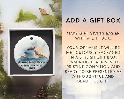 Handmade ceramic Caribbean cruise ornament with personalized location and photo – custom Christmas bauble or cruise vacation souvenir. Add gift box