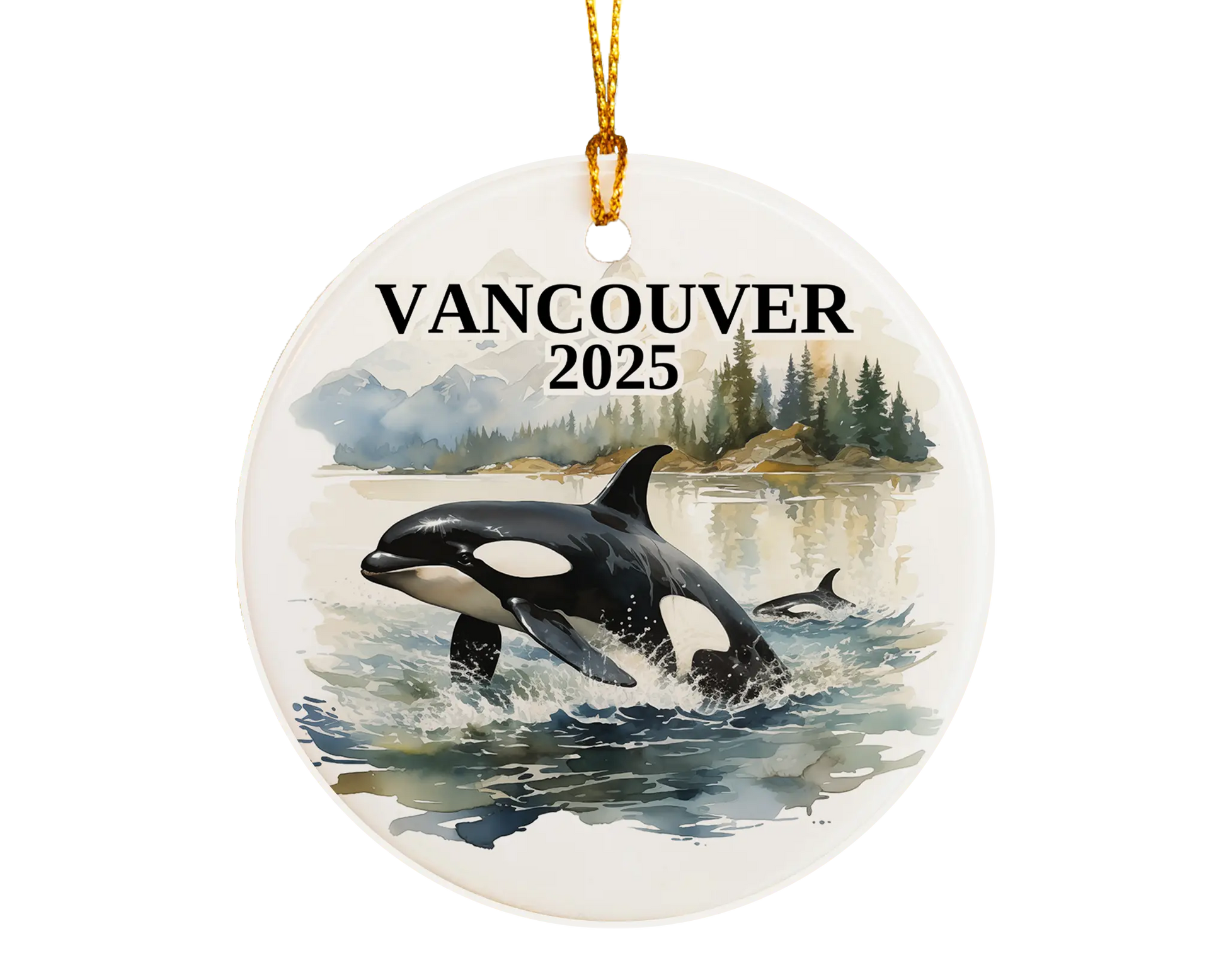 Custom Vancouver Canada Orca ceramic photo ornament with personalized message – handmade Christmas bauble, gift souvenir, or vacation keepsake. 