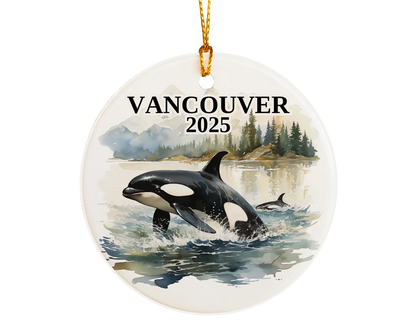 Custom Vancouver Canada Orca ceramic photo ornament with personalized message – handmade Christmas bauble, gift souvenir, or vacation keepsake. 