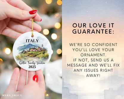 Custom vacation Italy ceramic photo ornament with personalized message – handmade Christmas bauble, gift souvenir, or vacation keepsake. Love it guarantee
