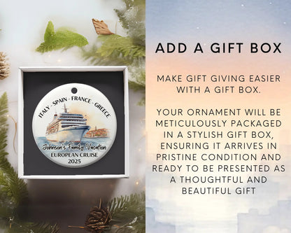 Handmade ceramic Europe cruise ornament with personalized location and photo – custom Christmas bauble or cruise vacation souvenir. Add gift box