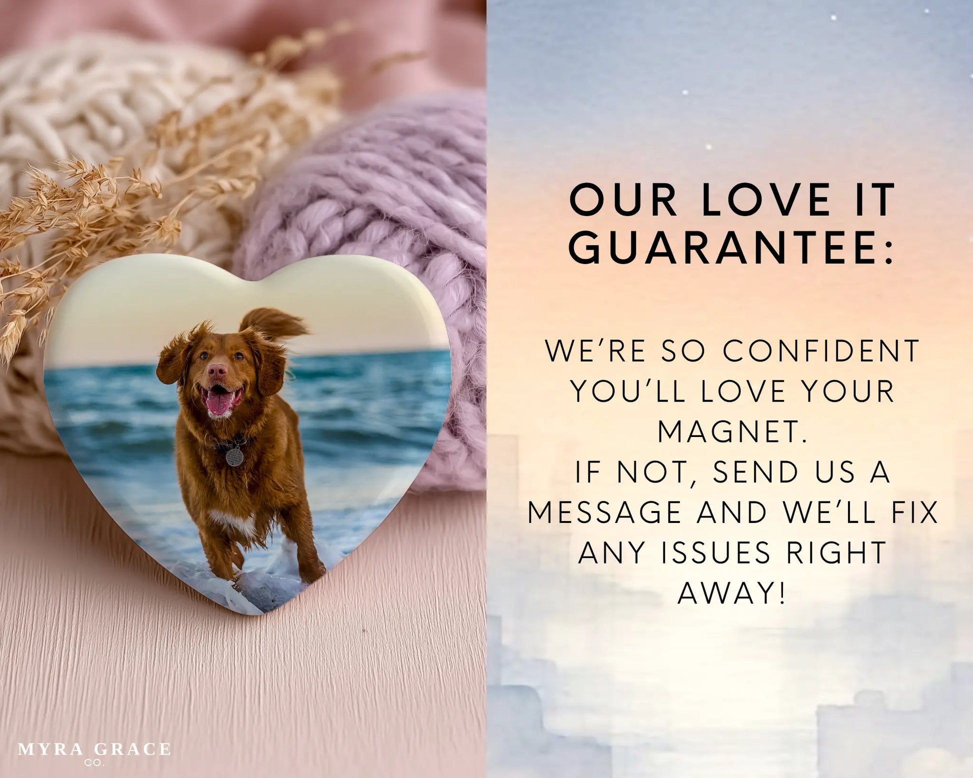 Heart-shaped custom dog ceramic photo magnet on fridge – handmade personalized gift or Christmas fridge magnet. Love it guarantee