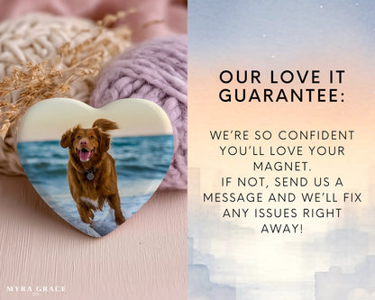 Heart-shaped custom dog ceramic photo magnet on fridge – handmade personalized gift or Christmas fridge magnet. Love it guarantee