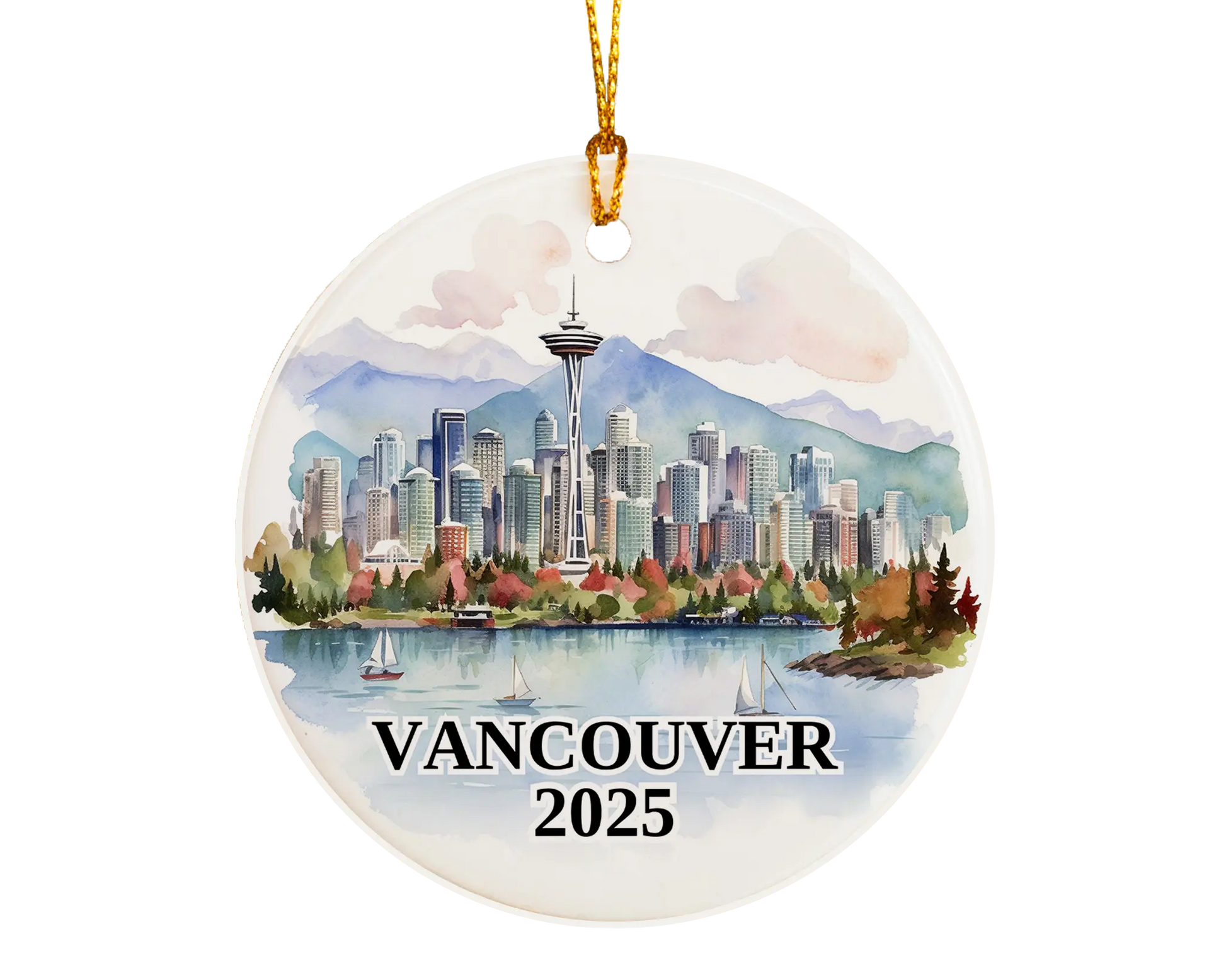 Custom Vancouver ceramic photo ornament with personalized message – handmade Christmas bauble, gift souvenir, or vacation keepsake. 