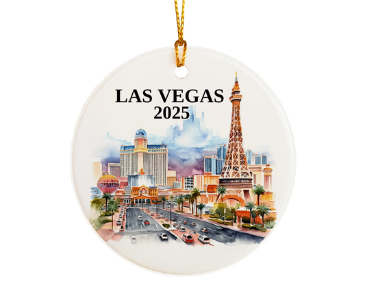 Custom Las Vegas Nevada ceramic photo ornament with personalized message – handmade Christmas bauble, gift souvenir, or vacation keepsake.  