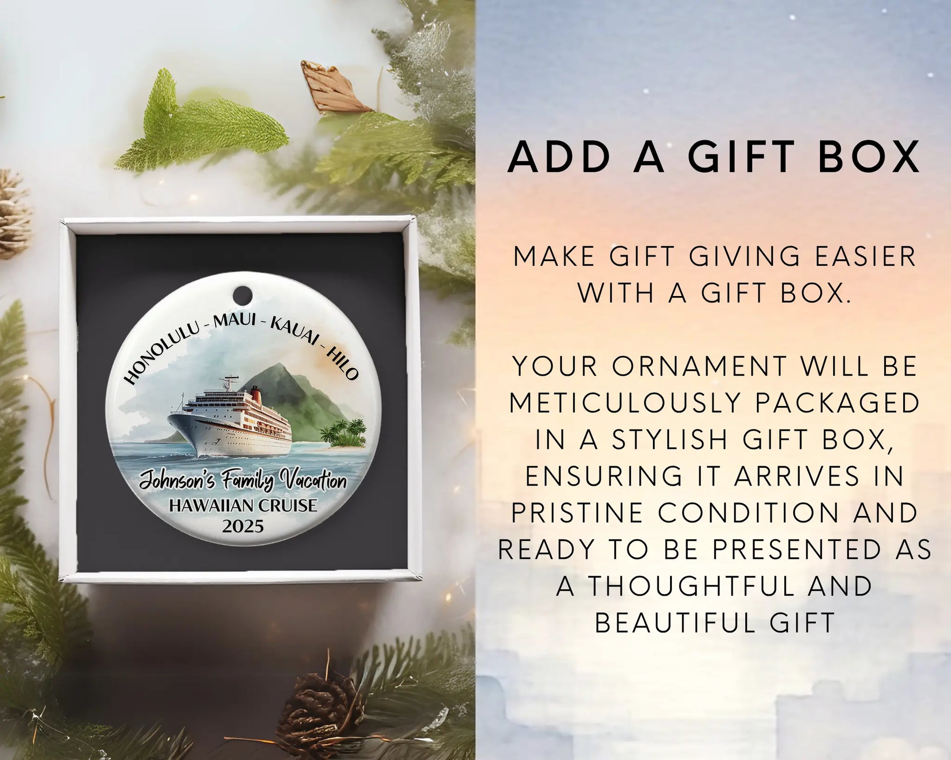 Handmade ceramic Hawaii cruise ornament with personalized location and photo – custom Christmas bauble or cruise vacation souvenir. Add gift box