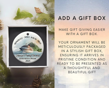 Handmade ceramic Hawaii cruise ornament with personalized location and photo – custom Christmas bauble or cruise vacation souvenir. Add gift box
