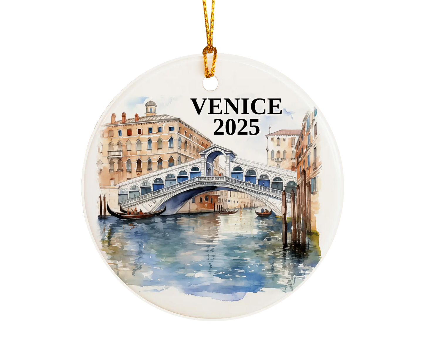 Custom Venice Italy ceramic photo ornament with personalized message – handmade Christmas bauble, gift souvenir, or vacation keepsake. 