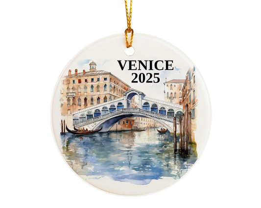 Custom Venice Italy ceramic photo ornament with personalized message – handmade Christmas bauble, gift souvenir, or vacation keepsake. 
