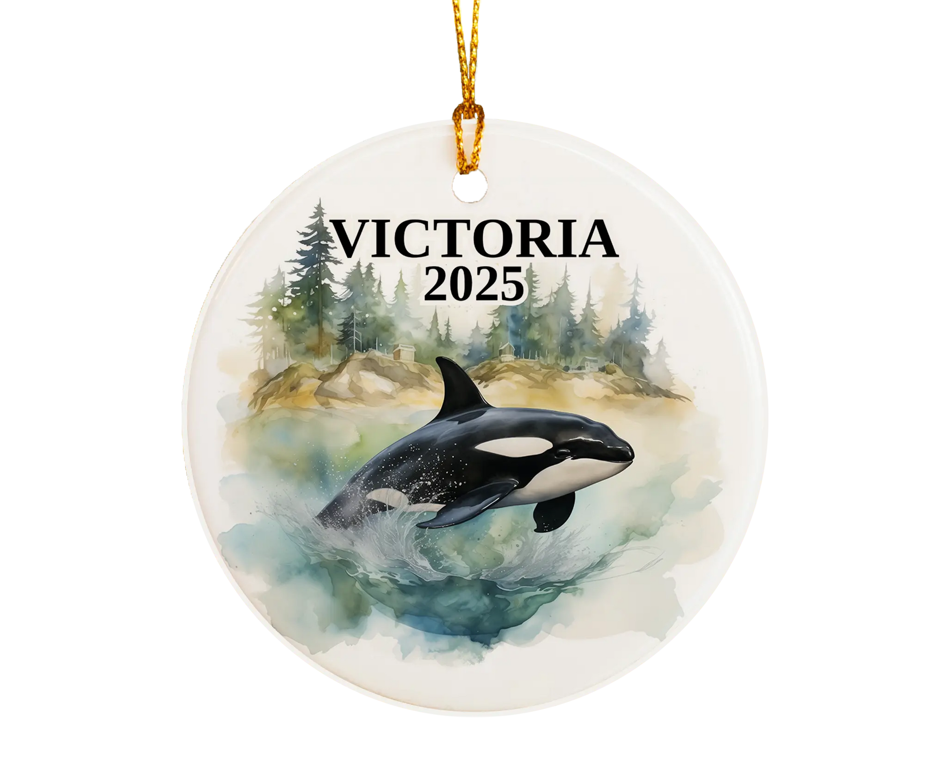 Custom Victoria Canada ceramic photo ornament with personalized message – handmade Christmas bauble, gift souvenir, or vacation keepsake. 