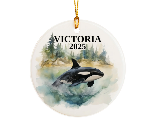 Custom Victoria Canada ceramic photo ornament with personalized message – handmade Christmas bauble, gift souvenir, or vacation keepsake. 