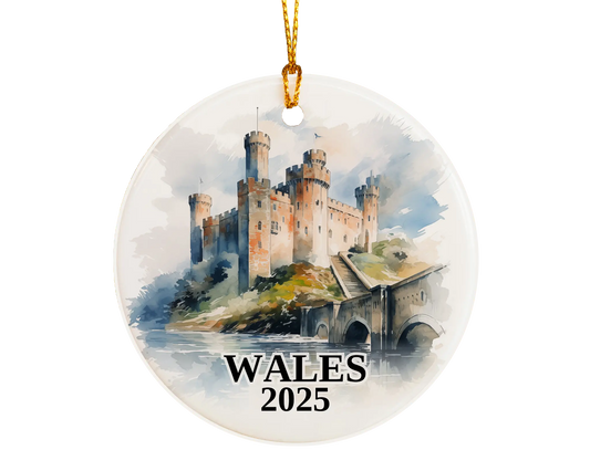 Custom Wales Cymru ceramic photo ornament with personalized message – handmade Christmas bauble, gift souvenir, or vacation keepsake. 