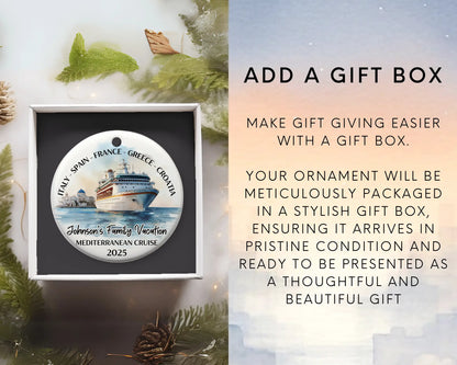 Handmade ceramic Mediterranean cruise ornament with personalized location and photo – custom Christmas bauble or cruise vacation souvenir. Add gift box