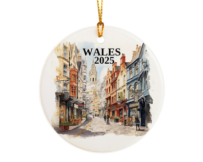 Custom Wales ceramic photo ornament with personalized message – handmade Christmas bauble, gift souvenir, or vacation keepsake. 