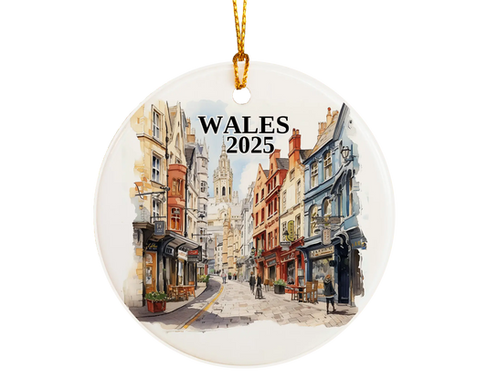 Custom Wales ceramic photo ornament with personalized message – handmade Christmas bauble, gift souvenir, or vacation keepsake. 
