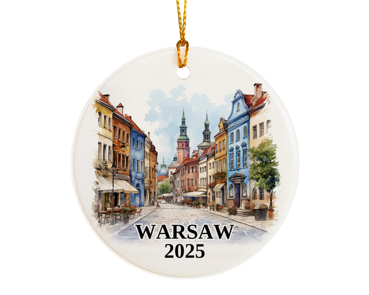 Custom Warsaw Poland ceramic photo ornament with personalized message – handmade Christmas bauble, gift souvenir, or vacation keepsake. 