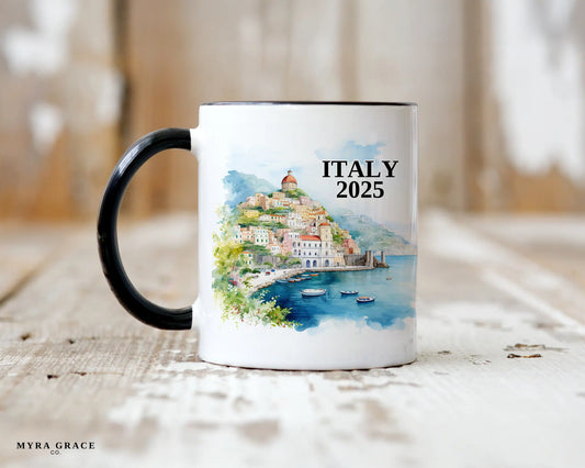 Custom ceramic Italy Amalfi Coast vacation mug with watercolor location design, date, and personal photo – personalized travel gift or photo mug. 