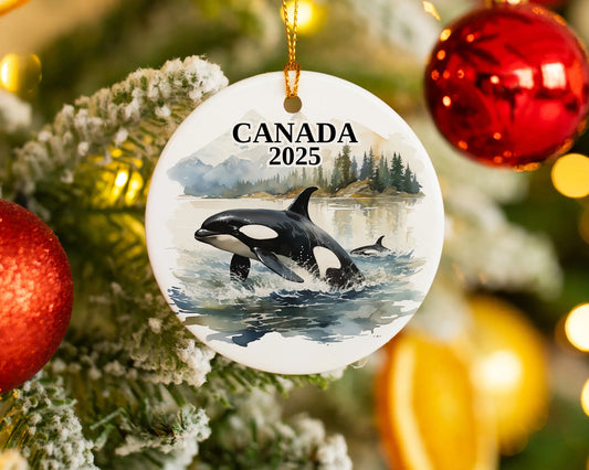 Custom Canada ceramic photo ornament with personalized message – handmade Christmas bauble, gift souvenir, or vacation keepsake.  